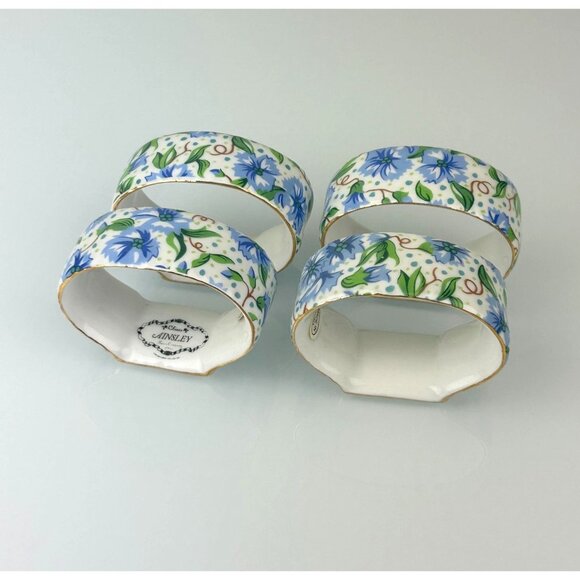 Two's Company Ainsley Chintz Blue Floral Ceramic Porcelain Napkin Rings Set of 4 - Picture 5 of 14